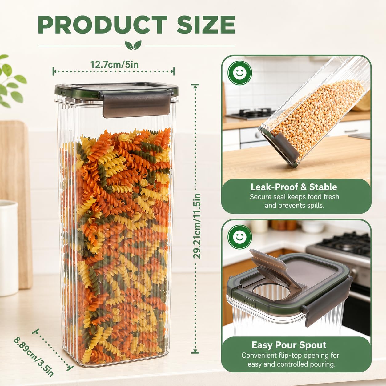 Plastic Pasta Containers, Spaghetti Container Storage, 74oz Set of 3 with Easy-Seal Lid, Pasta Storage Containers, Airtight Square Food Storage Jars for Spaghetti, Pasta, Flour, Oats, Cereal.