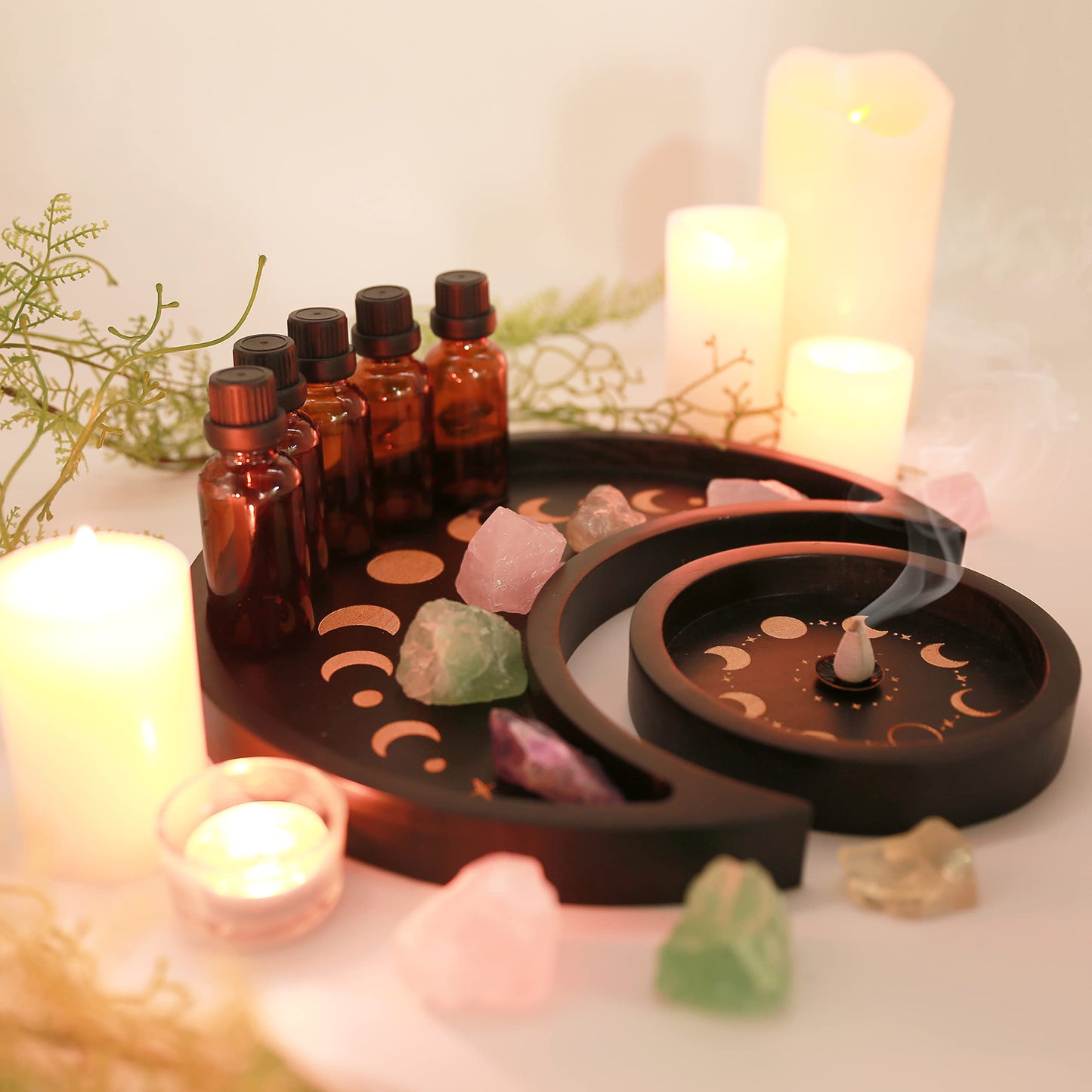 Crescent Moon Tray Crystal Holder Set, Adjustable Rock Display Case, Rock Collection Box with Shelves, Wood Crystal Organizer for Stones Storage,Gem Holder with Lid for Seashell