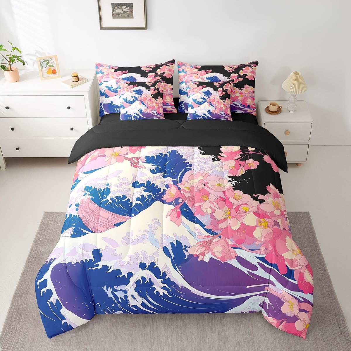 Erosebridal Japanese Ocean Waves Queen Bed Set 7 Piece,Pink Cherry Blossom Comforter Set with Sheets,Oriental Theme Aesthetic Floral Bedding Set with Fitted Sheet,Flat Sheet,Pillowcases