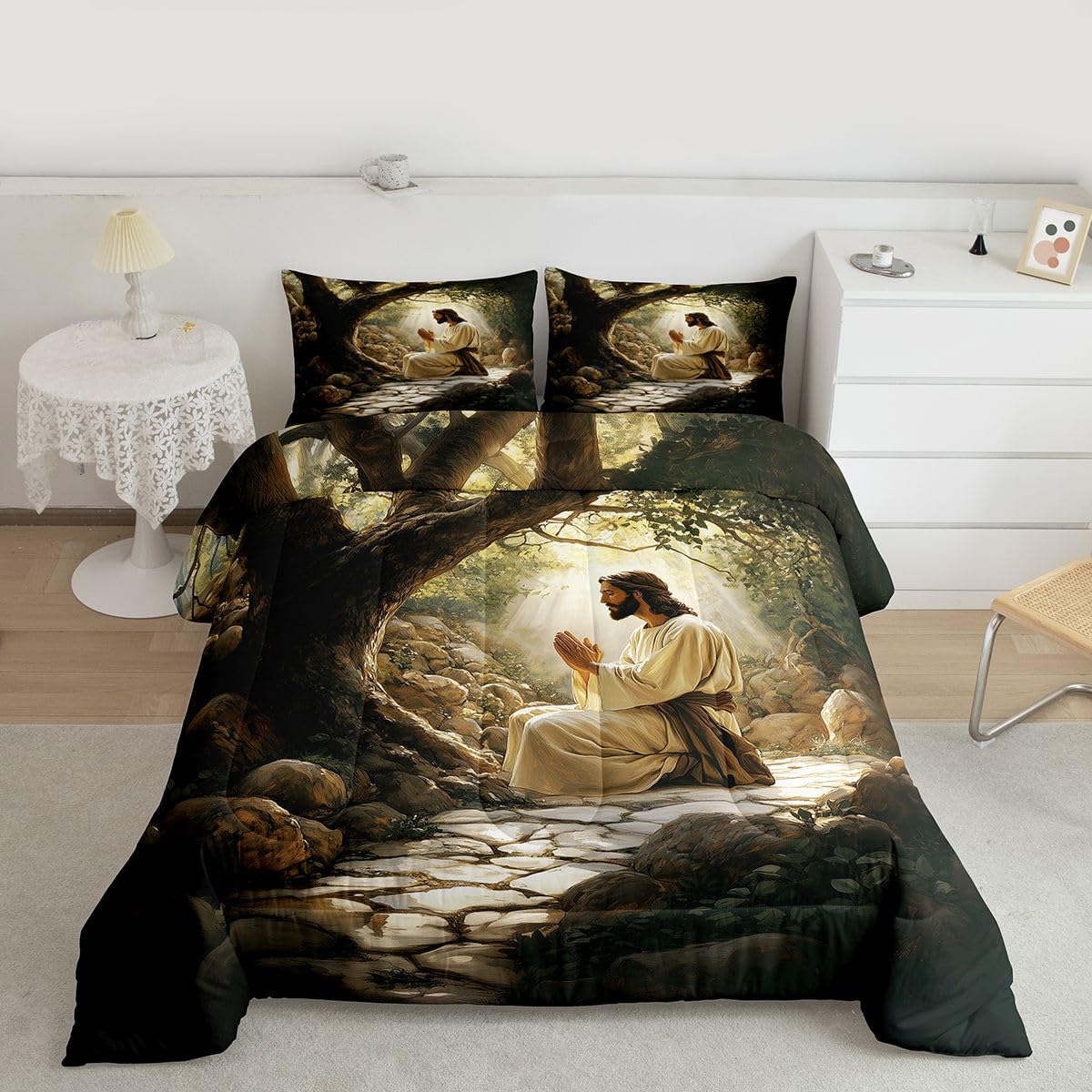 Manfei God Praying Girls Bedding Set Twin Size,The Garden of Gethsemane Comforter Set,Western Bible Verse Spiritual Quilt Comforter Girls Boys Teens,Black Gray Room Decor All Season,1 Pillowcase
