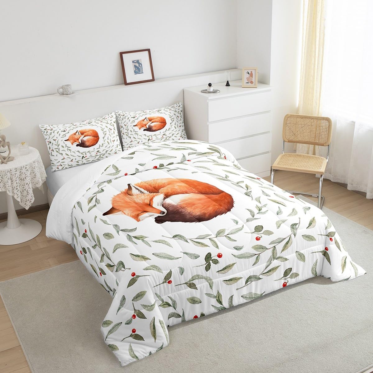 Manfei Lovely Fox Comforter Set Queen Size, Cartoon Animal Theme Quilt Set with 2 Pillowcases, Botanical Floral Leaves Print Bedding Set 3pcs for Kids Boys Girls Bedroom Decor
