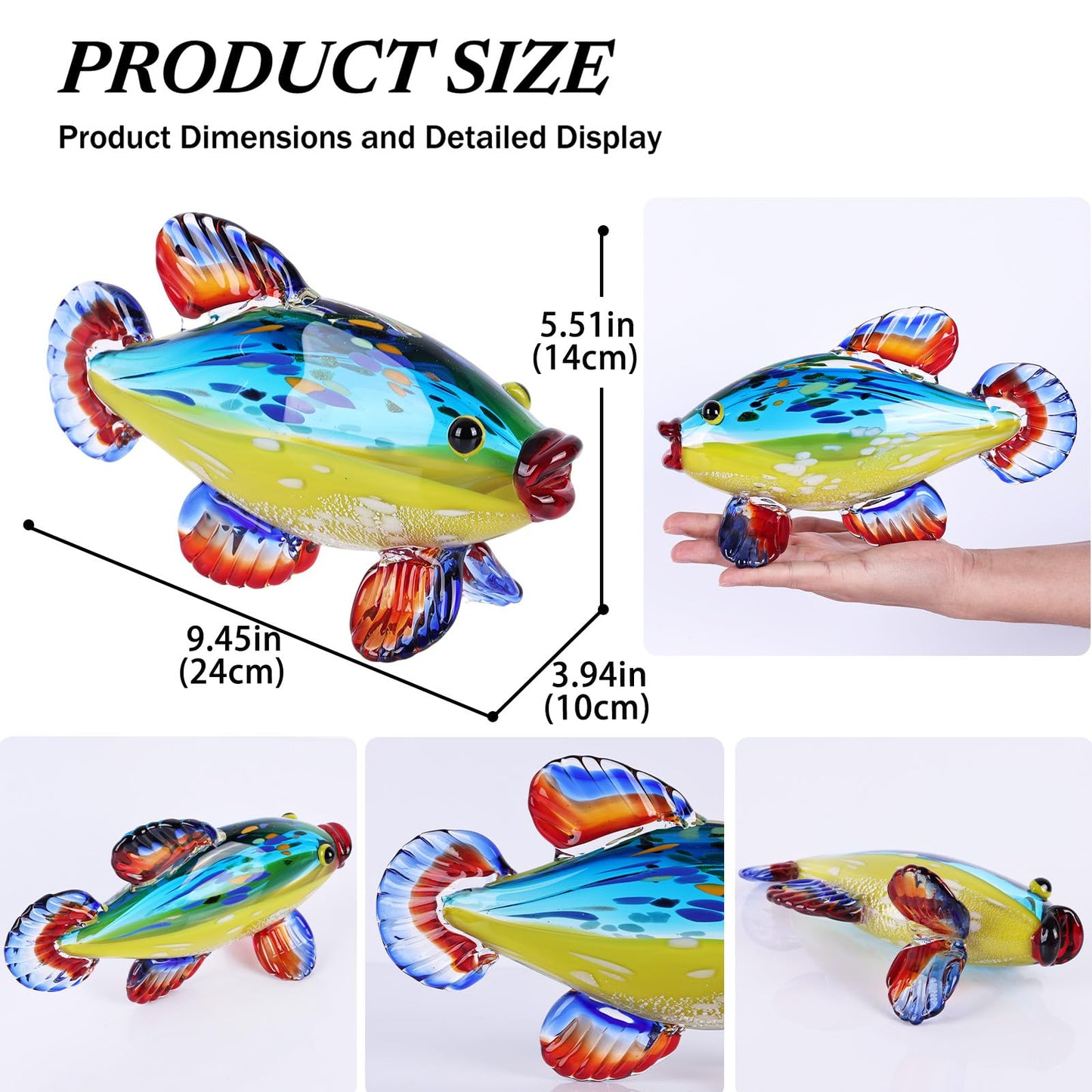 suruim Hand Blown Glass Fish Sculpture, Glass Fish Decor Figurine for Home Decor, Decorative Art Glass Animal Statue for Shelf, Tabletop or Mantel Display, Sea Life Accent (Blue)