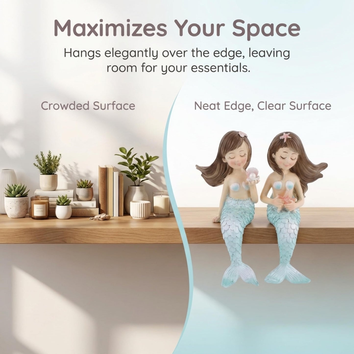 The Bridge Collection Set of 2 Mermaid Shelf Sitters – Cute Coastal Mermaid Figurines Designed for Shelf and Counter Edges – Adorable Nautical Beach House Decor