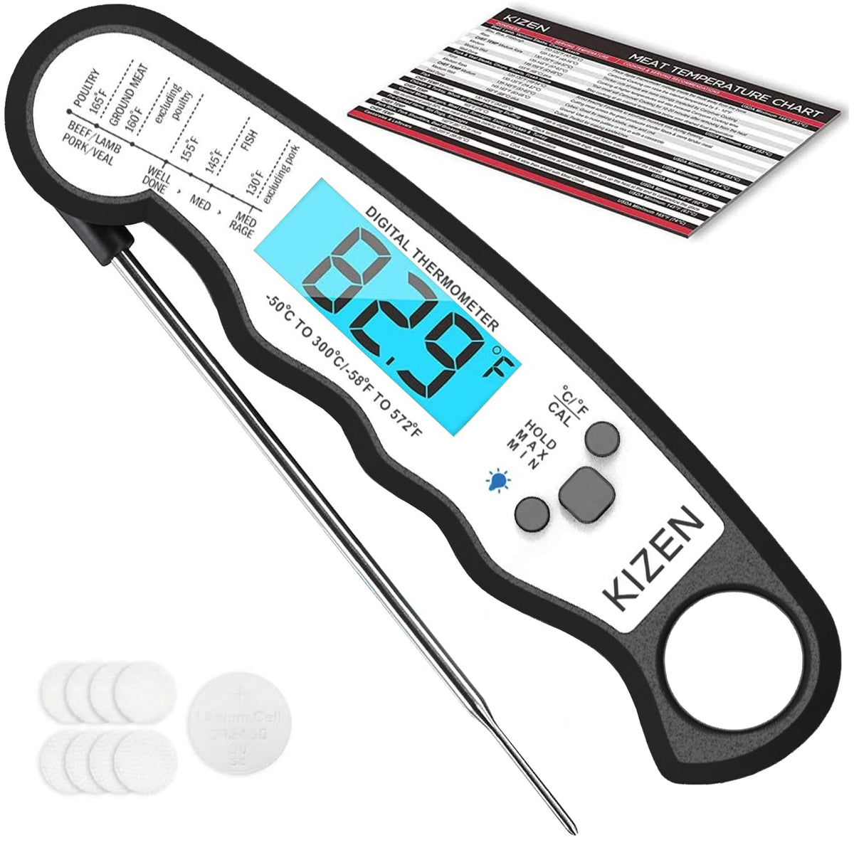 Kizen Instant Read Meat Thermometer Digital - Food Thermometer for Cooking, Grill, Oven, BBQ - Waterproof and Backlit Display - Kitchen Gadgets