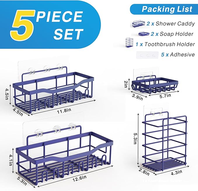 EUDELE 5-Pack Rustproof Stainless Steel Shower Caddy – No Drill Adhesive