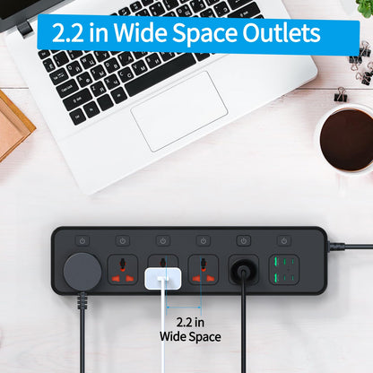 Flat Plug Power Strip with Individual Swtich, Jumpso 6ft Universal Extension Cord with 5 Outlets and 2 USB 4 USB C Ports, Max 3000w, 110-240v, Multiple Outlets Plug Adapter for Office Travel