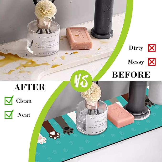Sink Splash Guard Faucet Mat Cat Paws and Footprints Absorbent Fast Drying Mat