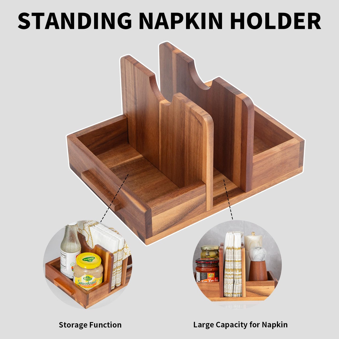 Napkin Holder, Acacia Wood Napkins Holder for Kitchen with Storage Function to Organize Salt and Pepper Shakers, Standing Napkin Dispenser for Decor Dining Room Party Cocktail Restaurant Outdoor Use