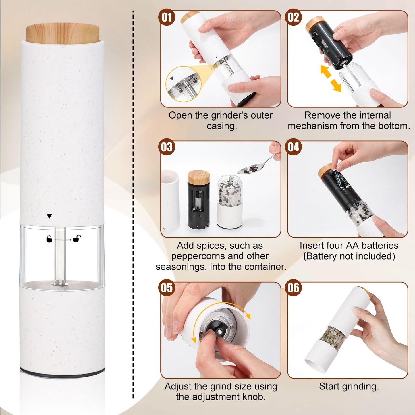Threlaco Electric Salt and Pepper Grinder Set with 1 Portable Spill Proof Base 2 Packs Battery Operated Salt Pepper shakers with Adjustable Coarseness Light Wheat Straw Grinder for Kitchen(White)