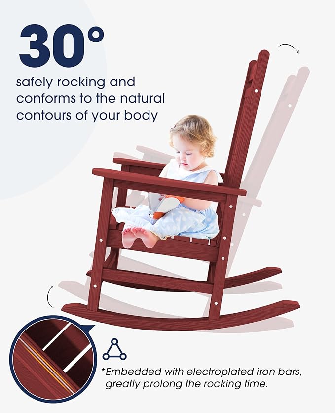 KINGYES Oversized Outdoor Rocking Chair Set of 4, All-Weather Patio Rocking Chairs for Porch, HDPE Outdoor Patio Rockers with High Back & Wide Seat for Garden, Lawn, Red