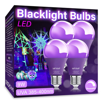 mfxmf 4 Pack A19 LED Black Light Bulbs,9W (100W Equivalent) E26 Base Dimmable Black Lights, UVA Level 385-400NM, Halloween Light Bulbs，Glow in The Dark，Fluorescent Poster, Body Paint,Neon Glow Party