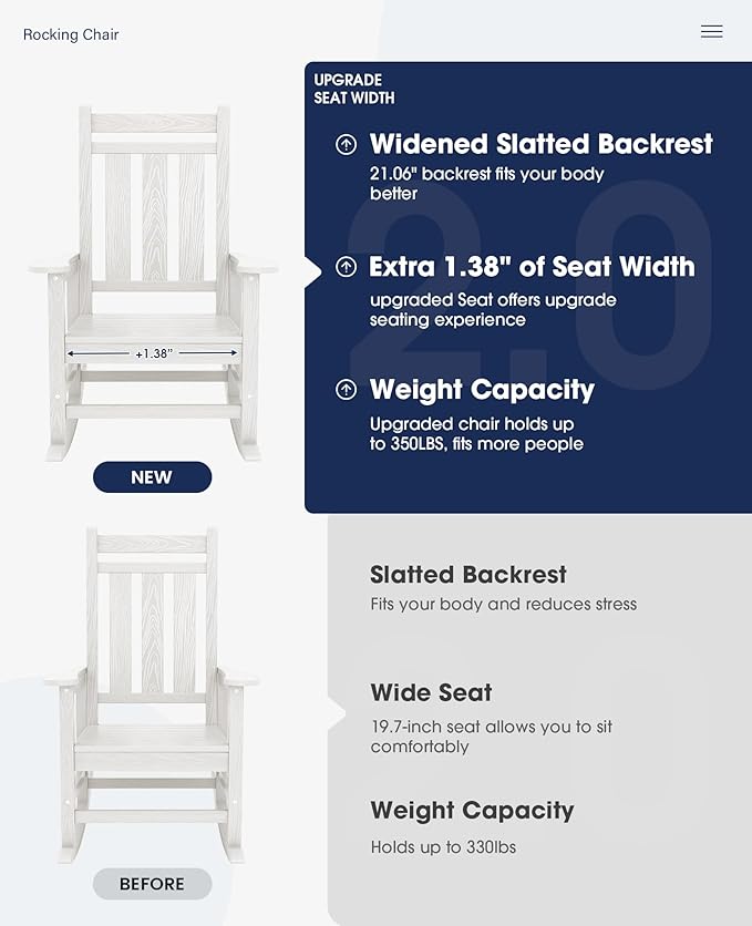 KINGYES Oversized Outdoor Rocking Chair Set of 4, All-Weather Patio Rocking Chairs for Porch, HDPE Outdoor Patio Rockers with High Back & Wide Seat for Garden, Lawn, White
