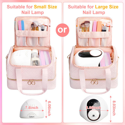 Veirdro Nail Polish Organizer Bag Holds 80 Bottles (15ml/0.5fl.oz)& Nail Lamp, Soft Velvet Nail Kit Storage Carrying Case with Shoulder Strap, Double Layer Nail Supplies Organizer Handbag Women (Pink)