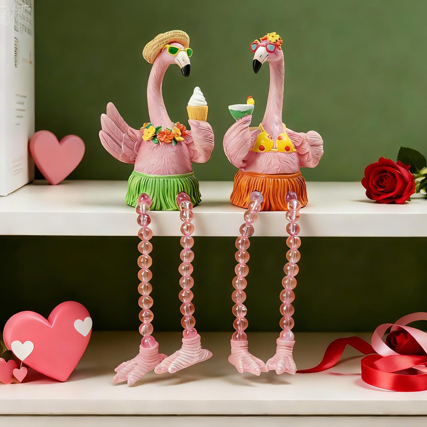 DiliComing Flamingo Decor Pink Gifts Statue - 2 Pcs Resin Collectible Figurine for Summer Tropical Home Decor Valentine Bathroom Yard Party Decorations 7.5 Inches Shelf Sitter with Dangling Legs