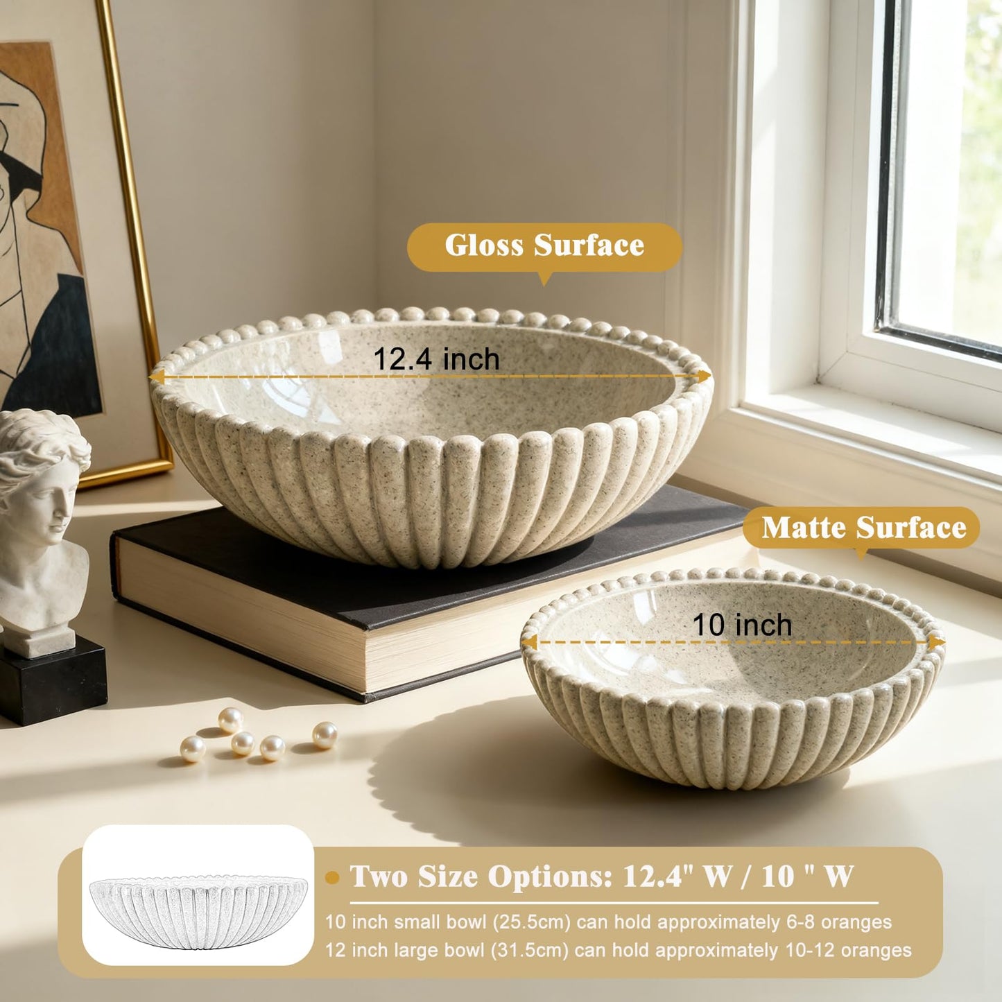 Richtmall Large Resin Decorative Bowl 12 Inch, Fruit Bowl Sandstone Ruffle Key Bowl for Coffee Table Shallow Centerpiece Bowl Catch All Bowl for Kitchen Counter, Entryway, Living Room