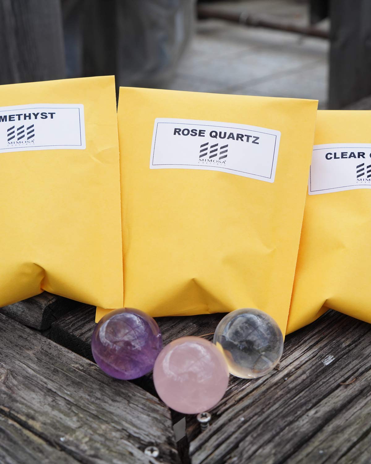 MIMOSA Crystal Spheres Set of 3,Amethyst/Rose Quartz/Clear Quartz