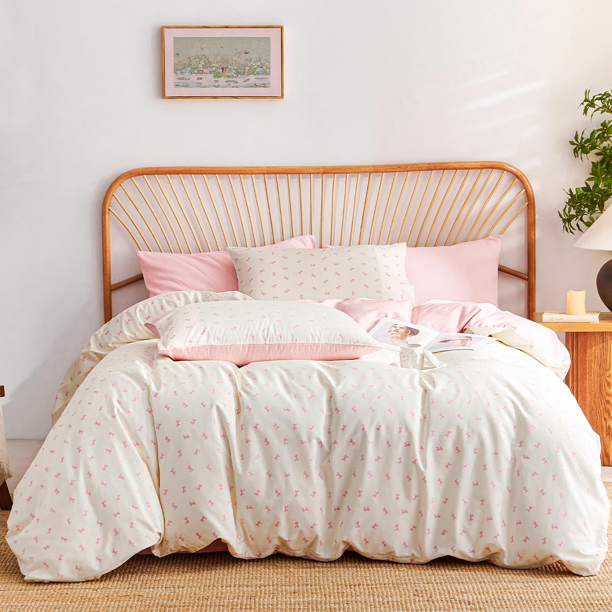 Jolusere Bow Duvet Cover Queen Size 100% Cotton Duvet Cover Set Girls Kids Reversible Pink Beige Comforter Cover 3 Pieces Soft & Breathable Pink Bowknot Bedding Set with 2 Pillowcases, Zipper Closure
