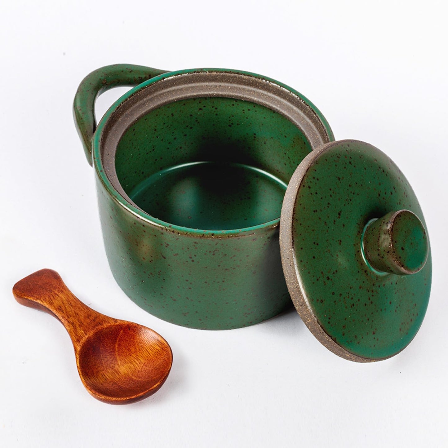 Sanbege Speckled Ceramic Salt Cellar with Lid and Wooden Spoon, Rustic Spice Jar, Farmhouse Sugar Bowl for Sea Salt, Sugar, Spice and Kitchen Decor (Green)