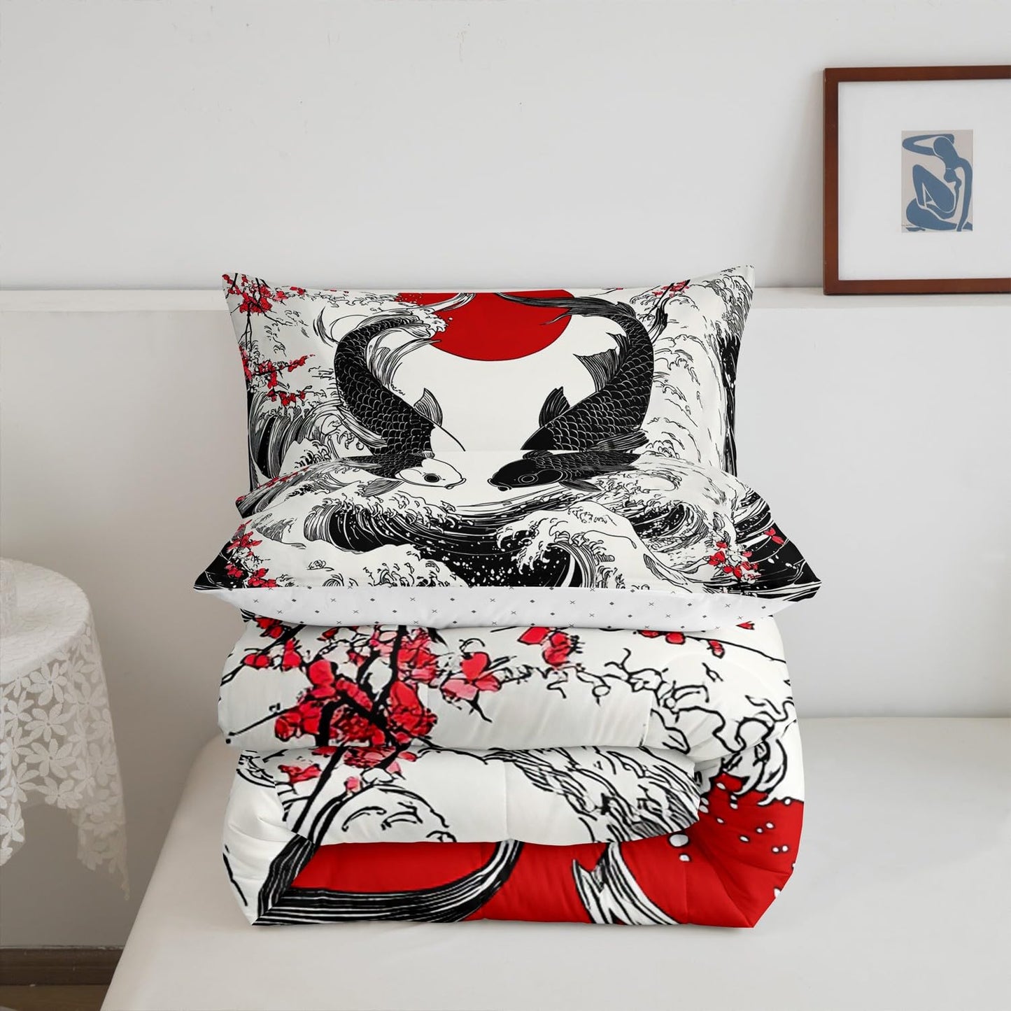 Feelyou Ocean Wave Fish Bedding Set for Kids Boys Girls Queen Size Cherry Blossoms Comforter Set Ultra Soft Exotic Comforter Japanese Ukiyoe Theme Duvet Quilt Bedroom Decor Sunset Quilt