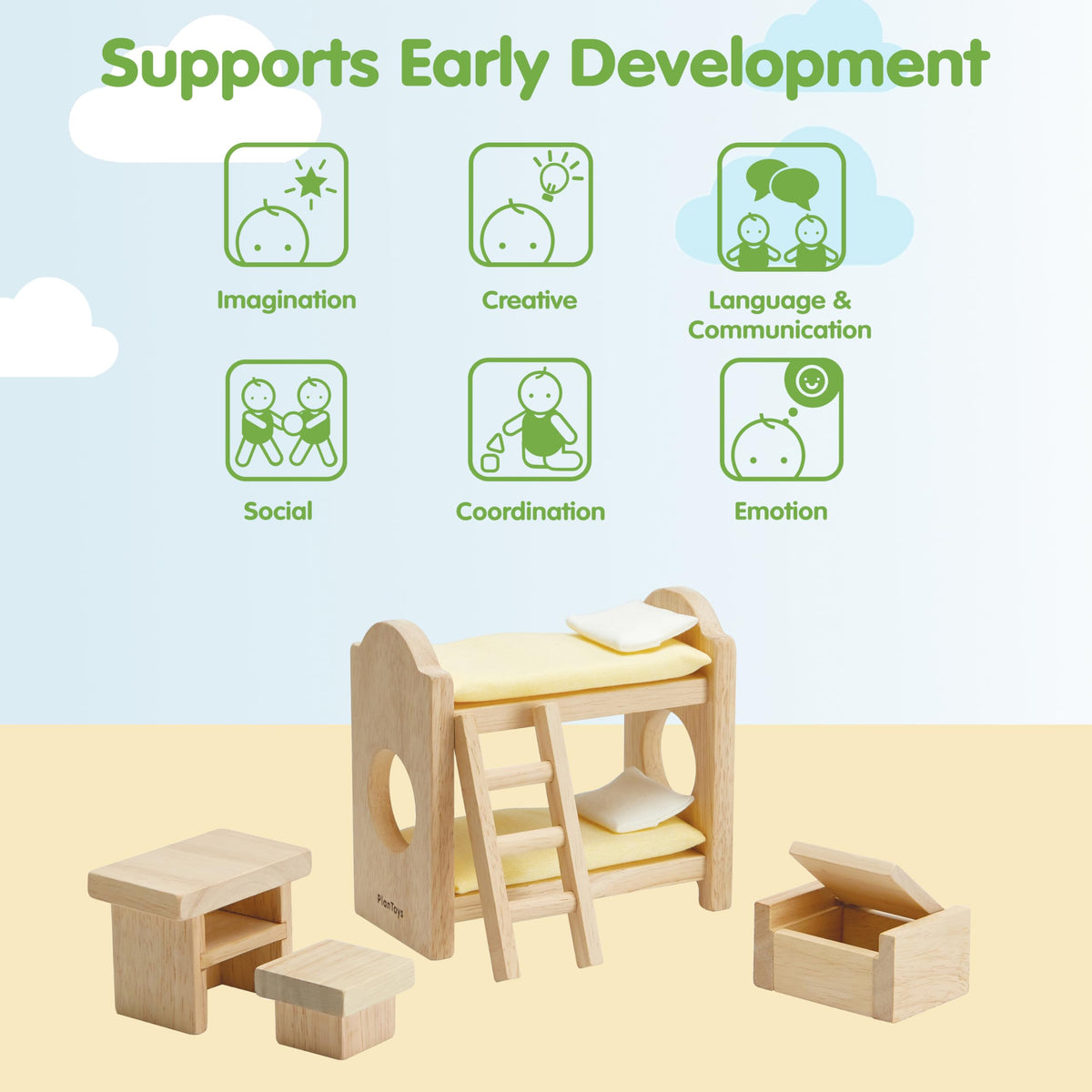 PlanToys® Wooden Children’s Room Classic Set for Montessori Small World Play | Creative Role Play and Social Interaction | Eco Friendly Wooden Dollhouse Bedroom Furniture for Imaginative Play