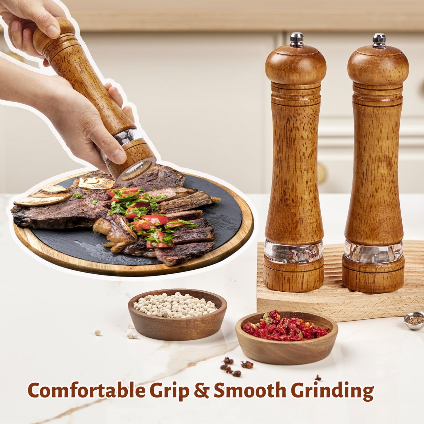 ROCKSHEAT Wooden Pepper Grinder Set of 2, 8 Inch Beech Wood Pepper Mills with Stainless Steel Core, Manual Pepper Grinder with Comfort Grip & Effortless Grinding for Kitchen Cooking
