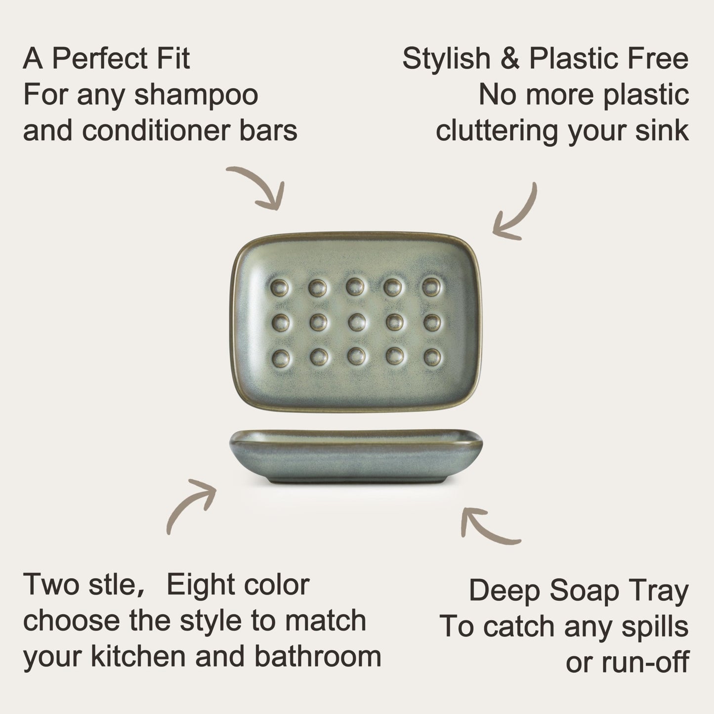 Miamolo Ceramic Soap Dish for Shower, Non-Slip Bar Soap Saver Tray Bar for Bathroom Kitchen Sink Bathtub, Easy to Clean, Dishwasher Safe, Raised Pattern - Keep Soap Dry, Dark Green