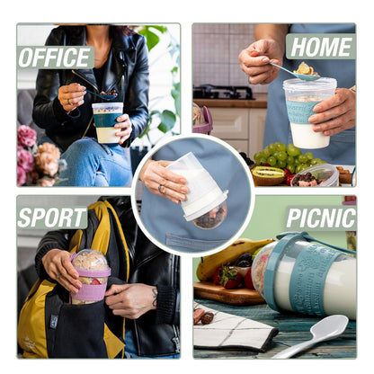 EYNEL 4 Pack Reusable On The Go Yogurt Parfait Cups, Breakfast Plastic Containers with Lids and Spoons, Perfect Jars for Overnight Oats Cereal Granola Oatmeal Smoothies and Snack Prep