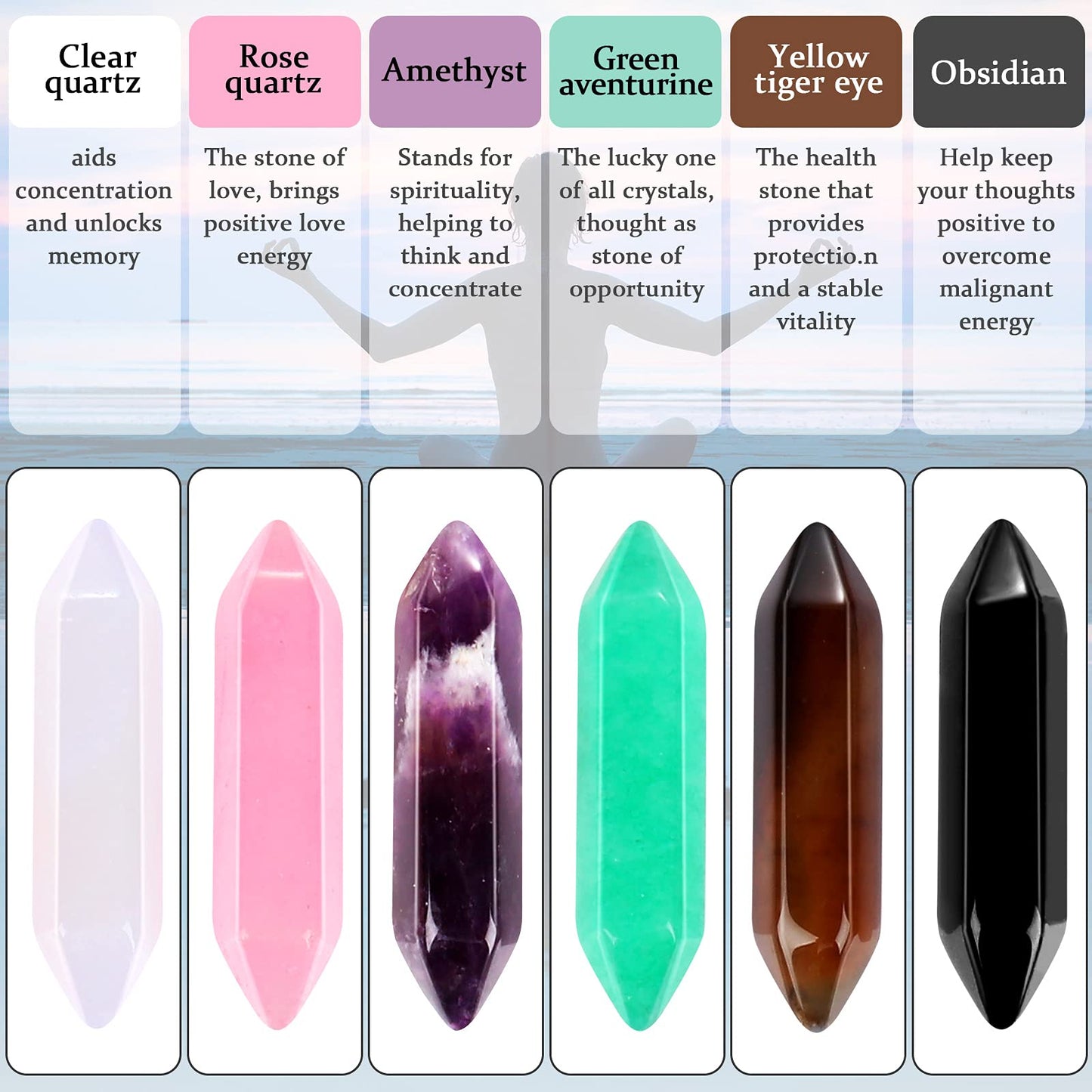 Ecation 40 Pieces Healing Crystal Wands Hexagonal Handmade Amethyst Rose Quartz Chakra Reiki Points Faceted Prism Bars for Meditation Crystal Therapy, 1 Inch-1.4 inch