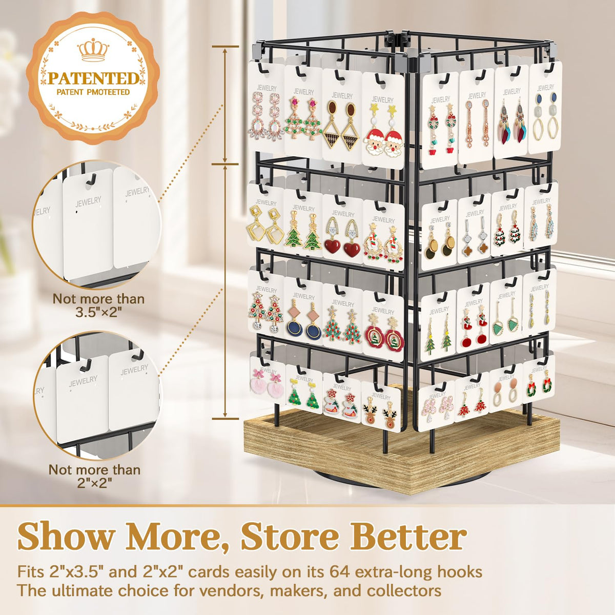 MODOWEY Earring Card Display Stand for Vendors, 64 Hooks Rotating Organizer Tree Holder, 4 Tier Jewelry Rack with Wooden Base for Stud Pierced Earring Selling, Grab Attention to Boost Sales, Oak