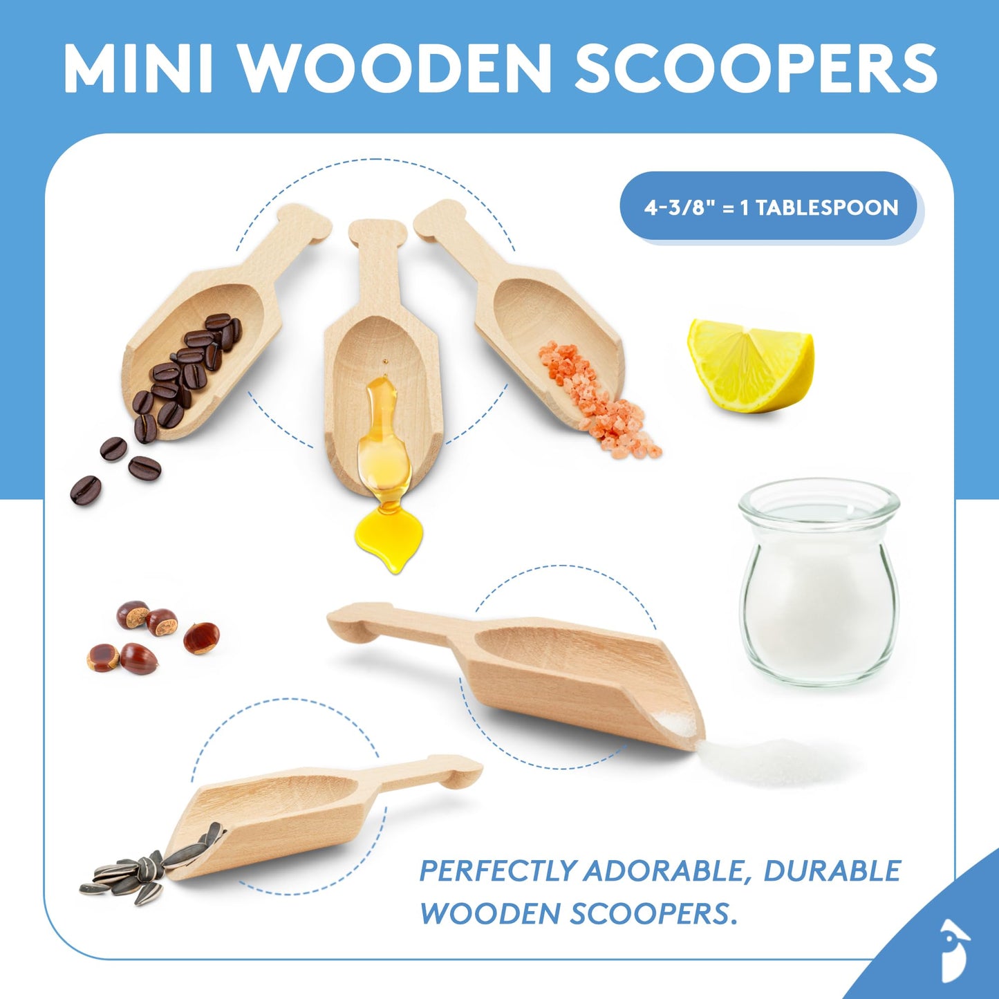 Small Wooden 1 Tablespoon Scoops for Food Canisters & Jars, Table Spoons Measuring Spoon, Wood Manuka Honey Bath Salts, & Coffee Scoop, Mini Candy Scoops for Candy Buffet, Pack of 10 by Woodpeckers