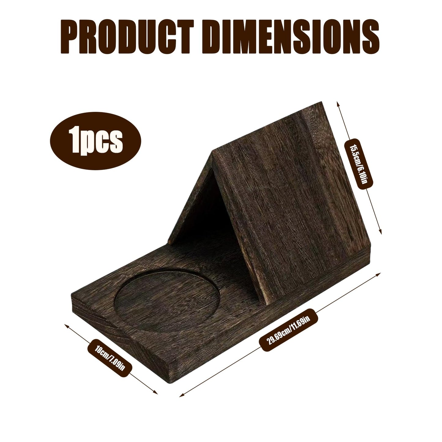 Wooden Triangle Book Stand Rest with Cup Holder, Short Book Holder Valet Shelf Table Desk Nightstand for Reading Display Lover Gifts (Charred Wood Color)