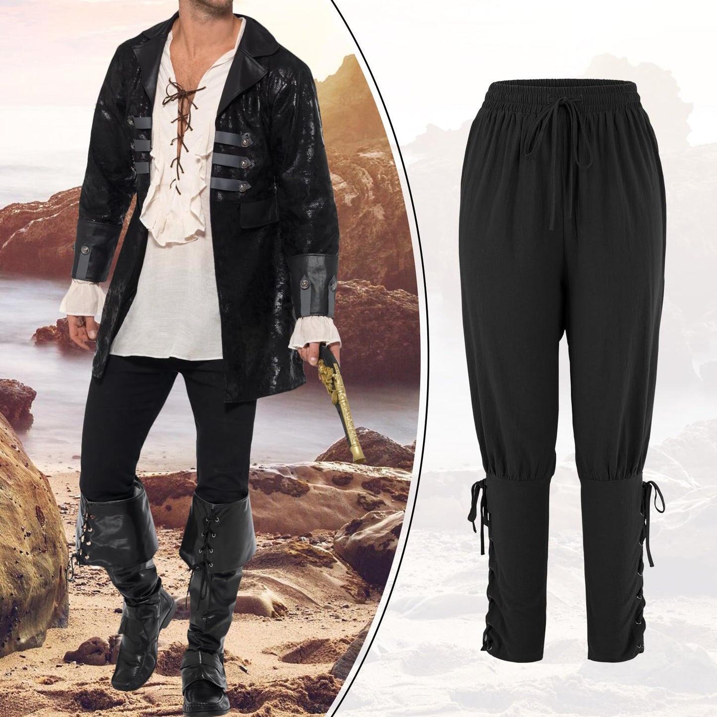 Century Star Renaissance Costume Men's Pirate Pants Medieval Pants Ren Faire Costumes Viking Colonial Steampunk Gothic Halloween Cosplay Trousers with Drawstrings Ankle Banded Wine Red Medium