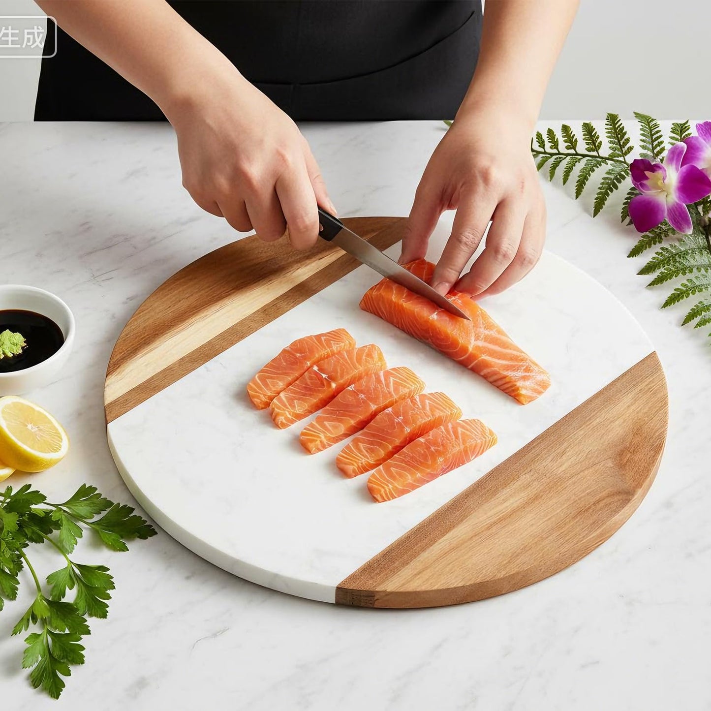 Okllen 12" Marble Cheese Board and Acacia Wood Serving Board, Handcrafted Round Marble Tray Cutting Board for Cheese, Charcuterie, Meat, Fruit