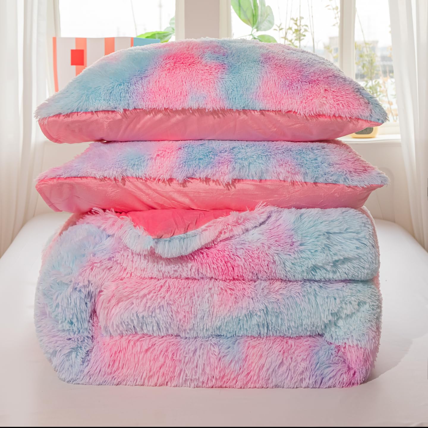 Roscloud Faux Fur Kids Girls Purple Rainbow Comforter Sets Twin/Full - 3PC Bed Set Warm Comfortable Soft Plush Flannel Velvet Fluffy Fuzzy Bedding（Comforter x 1 Pillowcases x 2）