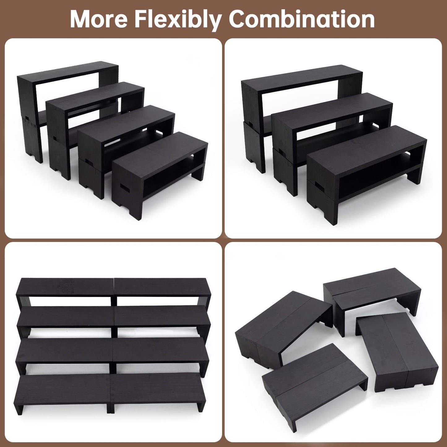 Yikaroeli 2 Set Large Black Display Risers Wooden Tiered Risers for Display Stand 4 Tiered 8Pcs Racks Perfume Organizer Food Risers for Vendor Events for Party(black)