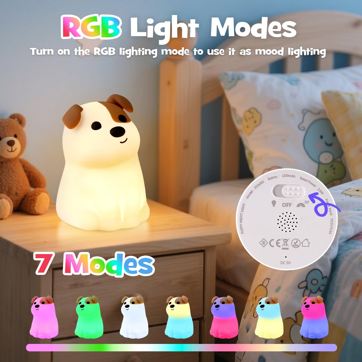 Squishy Puppy Night Light with RGB Mode 3 Brightness Adjustable Nursery Breastfeeding Nightlight Cute Novelty Smile Dog Animal Lamp Rechargeable Silicone Touch Bedside Lamp for Bedroom Dorm Decor