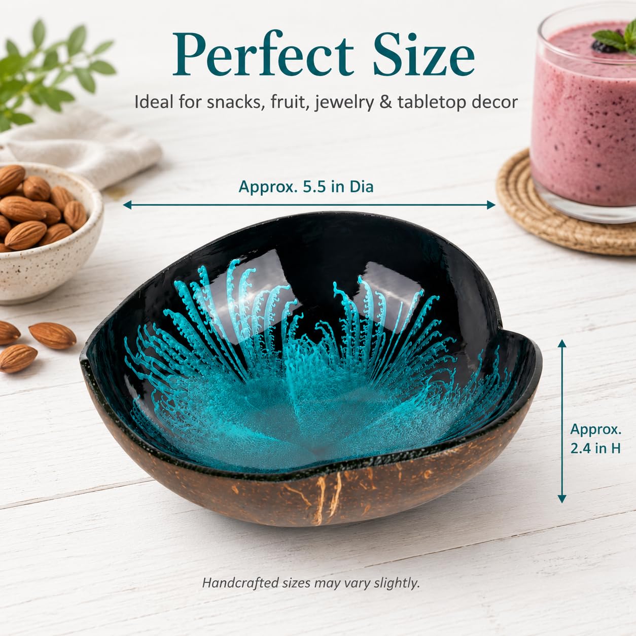 Coconut Bowls Decorative Candy Dish - Heart Acai Bowl, Natural Wooden Candy Dish, Key Bowl Holder for Entryway Table, Yogurt Smoothie Nuts Dessert Container, Rice Fruits Dry Snack Storage Shell Bowls