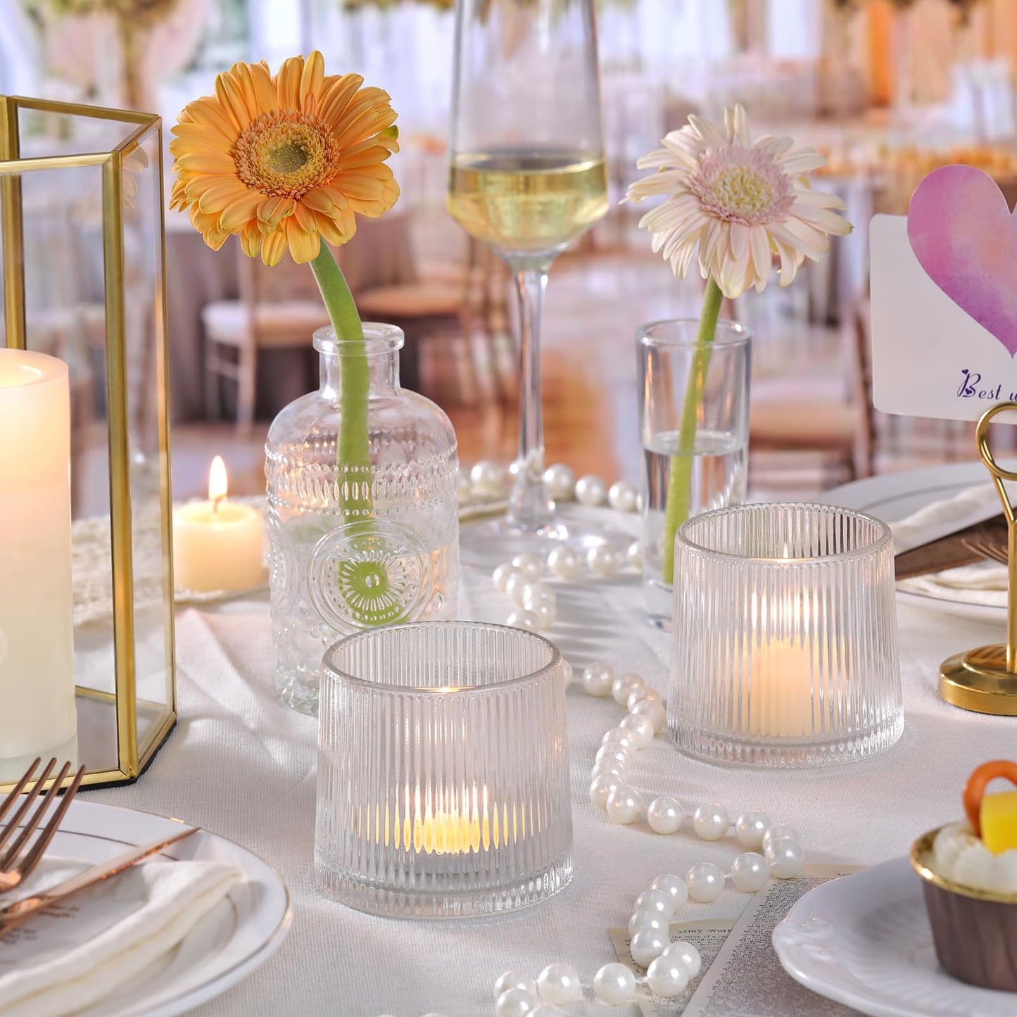 DARJEN Clear Ribbed Tealight Votive Candle Holders Set of 10- Tea Light Candle Holder Glass for Table Centerpiece, Engagement Parties, Birthday Parties & Wedding Shower