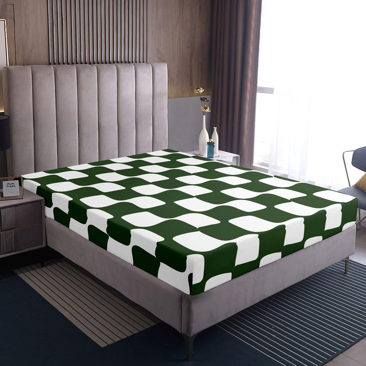 jejeloiu Checkered Grid Fitted Sheet Full Size for Kids Boys Girls Buffalo Plaid Bed Sheets Set 16" Deep Pocket Soft Breathable Microfiber Green White Bedding with 2 Pillowcases Geometric Room Decor