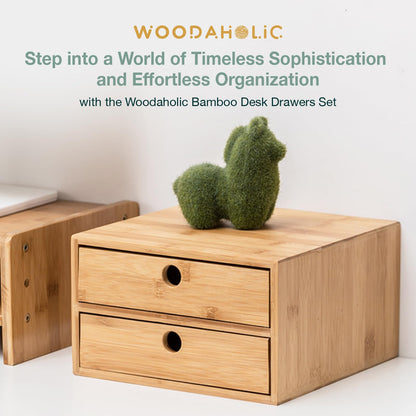 Modular Stackable Set of 3 Bamboo Organizer Desktop Drawers - 1, 2, 3 = 6 Drawers Total Storage Organizer for Desk Accessories, Office Supplies, Makeup Storage - Tabletop Wood Box Stackable Drawers