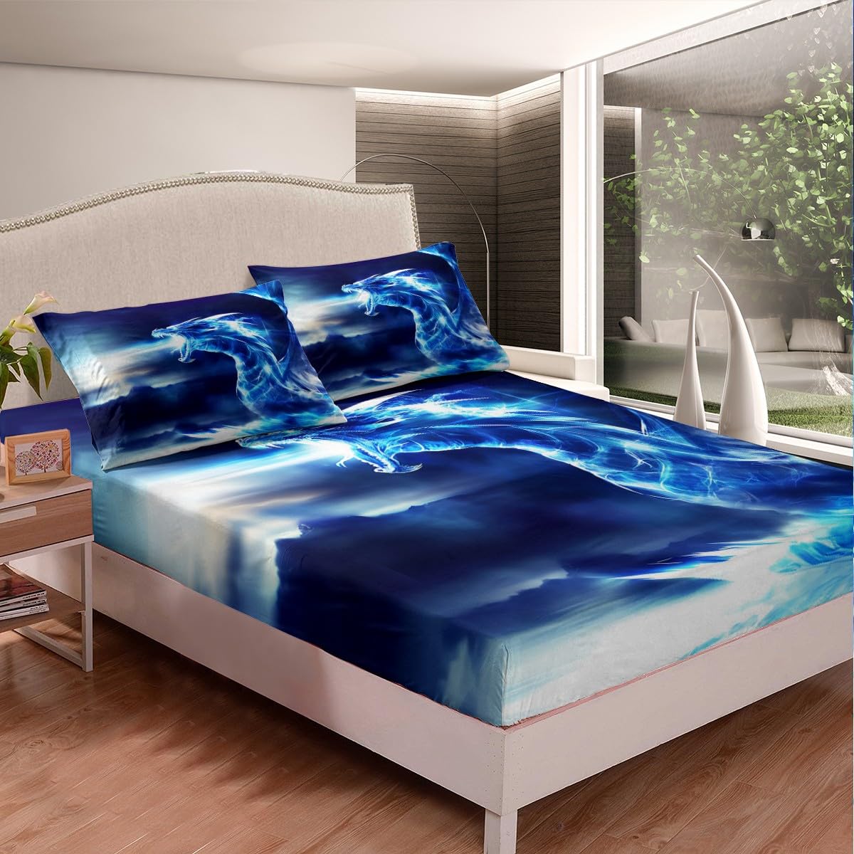 Feelyou Dragon Bed Sheet Set Trippy Western Sheets Set Cool Ice Dragon Bedding Fitted Sheet for Kids Boys Queen Size Includes 1 Sheets & 2 Pillowcases (No Flat Sheet)