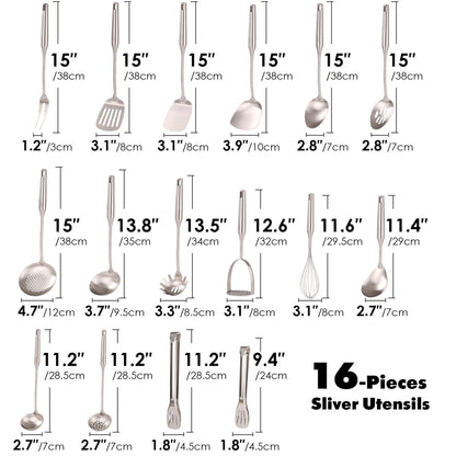 18/10 Stainless Steel Cooking Utensils Set - 16 PCS All Metal Small & Large Kitchen Spoons, Serving Utensils - Whisk, Masher, Fork, Tongs, Solid/Slotted Spoon, Spatula, Turner, Ladle, Skimmer, Pasta