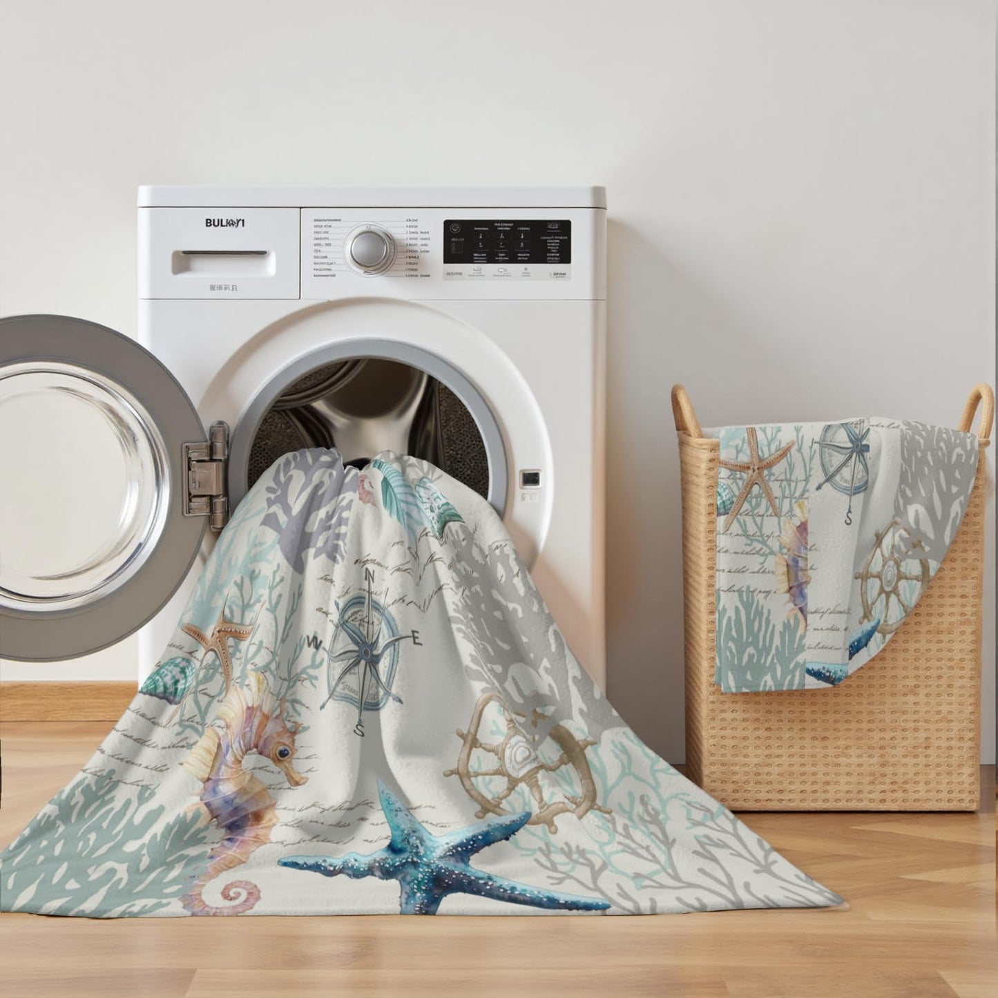 Nautical Coastal Blanket - Starfish Coral Seashell Compass Throw Blankets for Couch Chair Decor, Teal Blue Ocean Themed Lightweight Soft Fuzzy Cozy for Sofa Bed Room 50 x 60 Inch