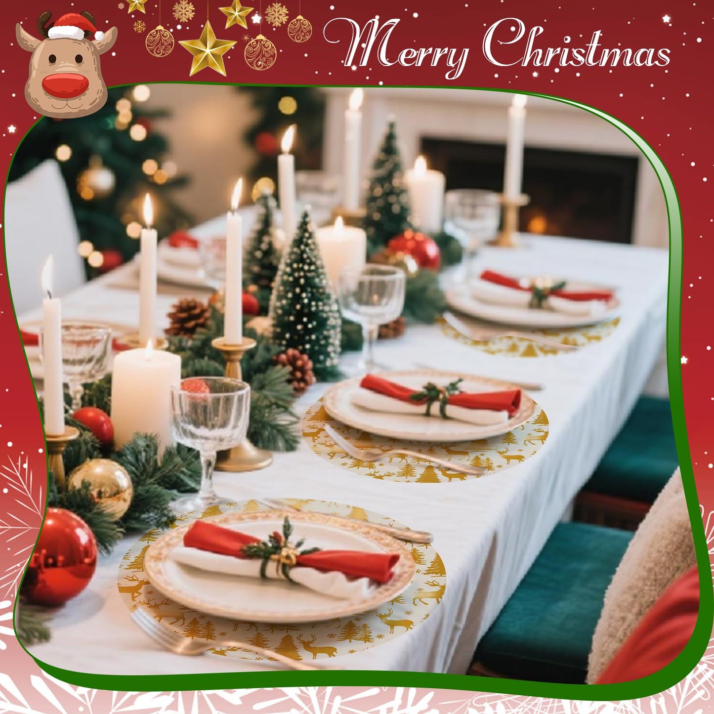 100 Pcs Christmas Placemats 13 Inch Gold Reindeer Mesh Place Mats Disposable Round Cute Elk Snow Forest Xmas Table Mat for Winter Seasonal Holiday Party Decor Kitchen Dining Room Farmhouse Home Decor