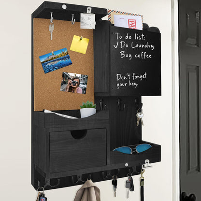 HEKOOLA Key Holder Wall Mount, Mail Organizer Key Holder for Wall with Shelf, Drawer, Chalkboard, Corkboard, Home Decor Mounted for Room Entryway (Black)