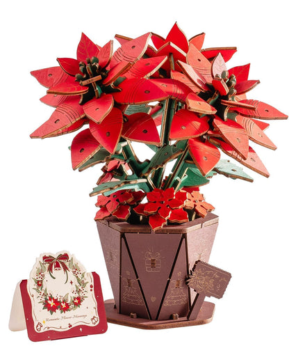 Wowood 3D Flower Wooden Puzzles for Adults-Poinsettia, Mothers Day DIY Wooden Flowers Model Kit Building Set Crafts Gifts, Artificial Botanical Collection Creative Gift Ideas/Housewarming(153PCS)