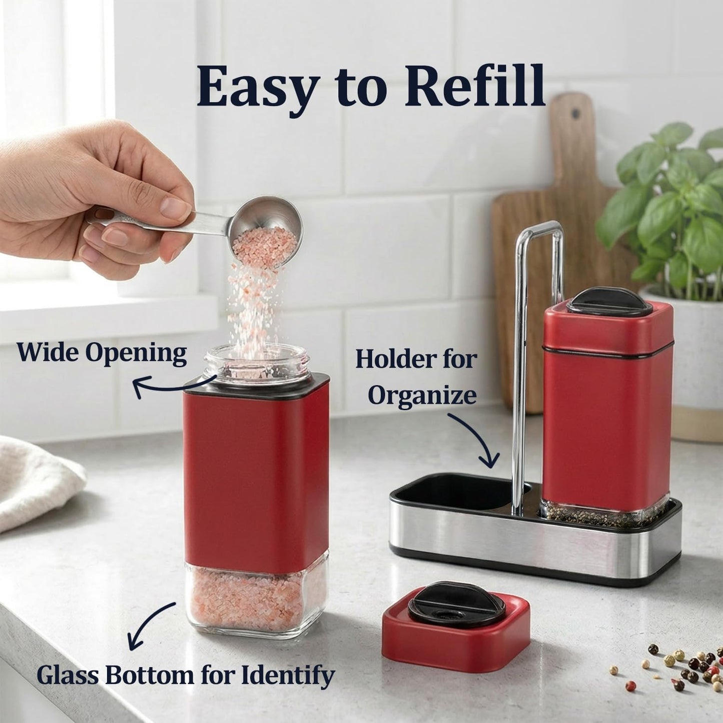 Red Salt and Pepper Shakers Set with Holder, Salt Shaker with Adjustable Pour Holes, Stainless Steel Refillable Spice Dispenser by Aelga