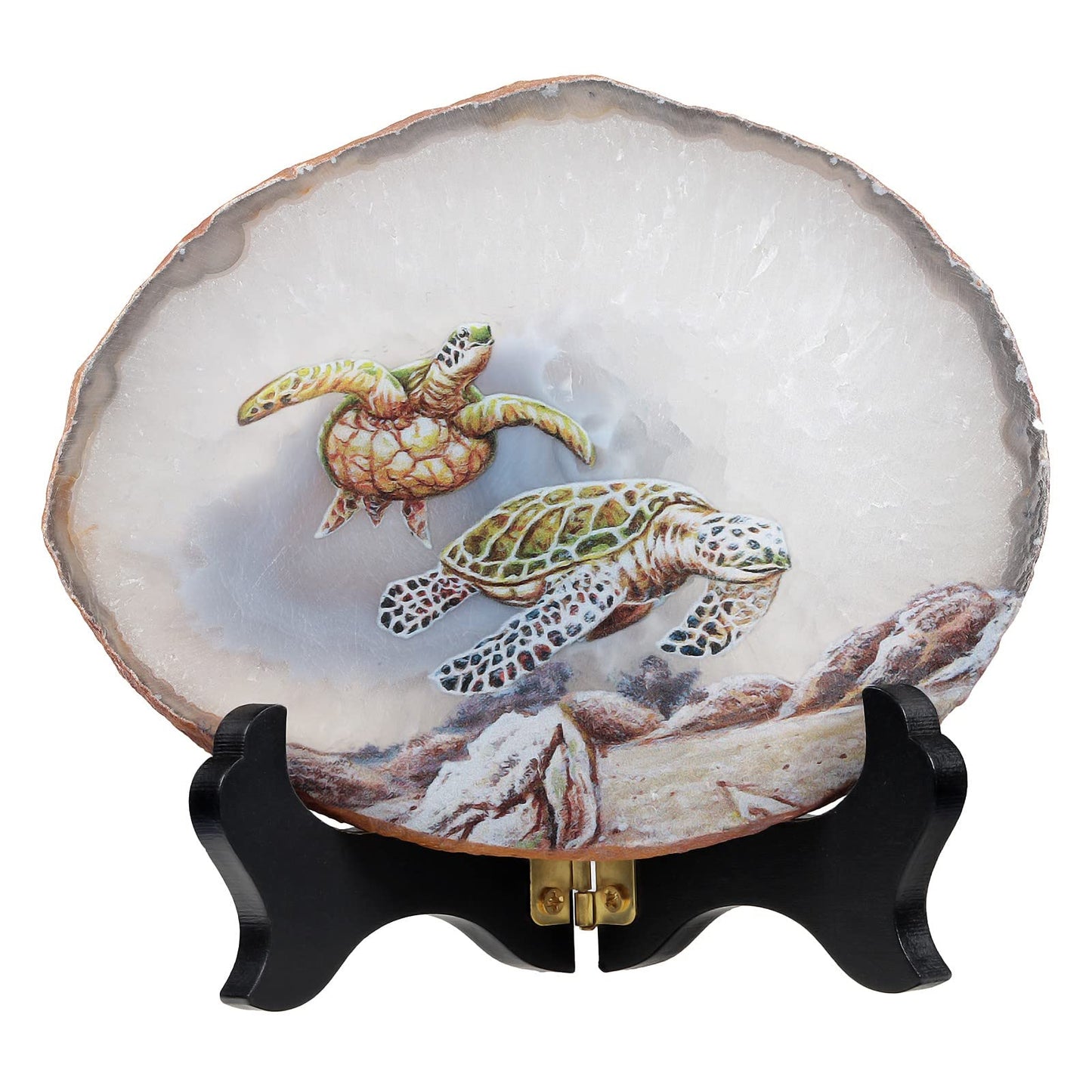 TUMBEELLUWA Natural Irregular Agate Slice Painting Decor with Wooden Stand Agate Geode Slab for Desk Hallway, Sea Turtle