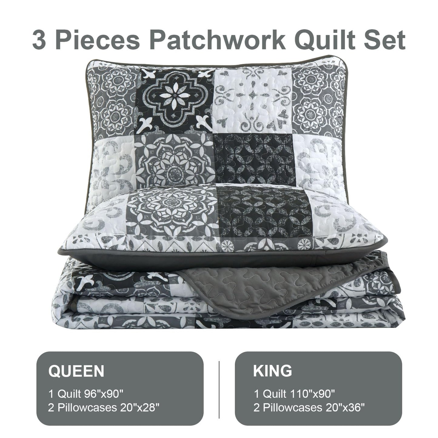 Dobuyly Grey Black Quilt Set Queen Size, Boho Plaid Patchwork Bedspreads Coverlet Set, 3 Pieces Soft Lightweight Microfiber Farmhouse Quilt Bedding Set for All Seasons 96"x90"