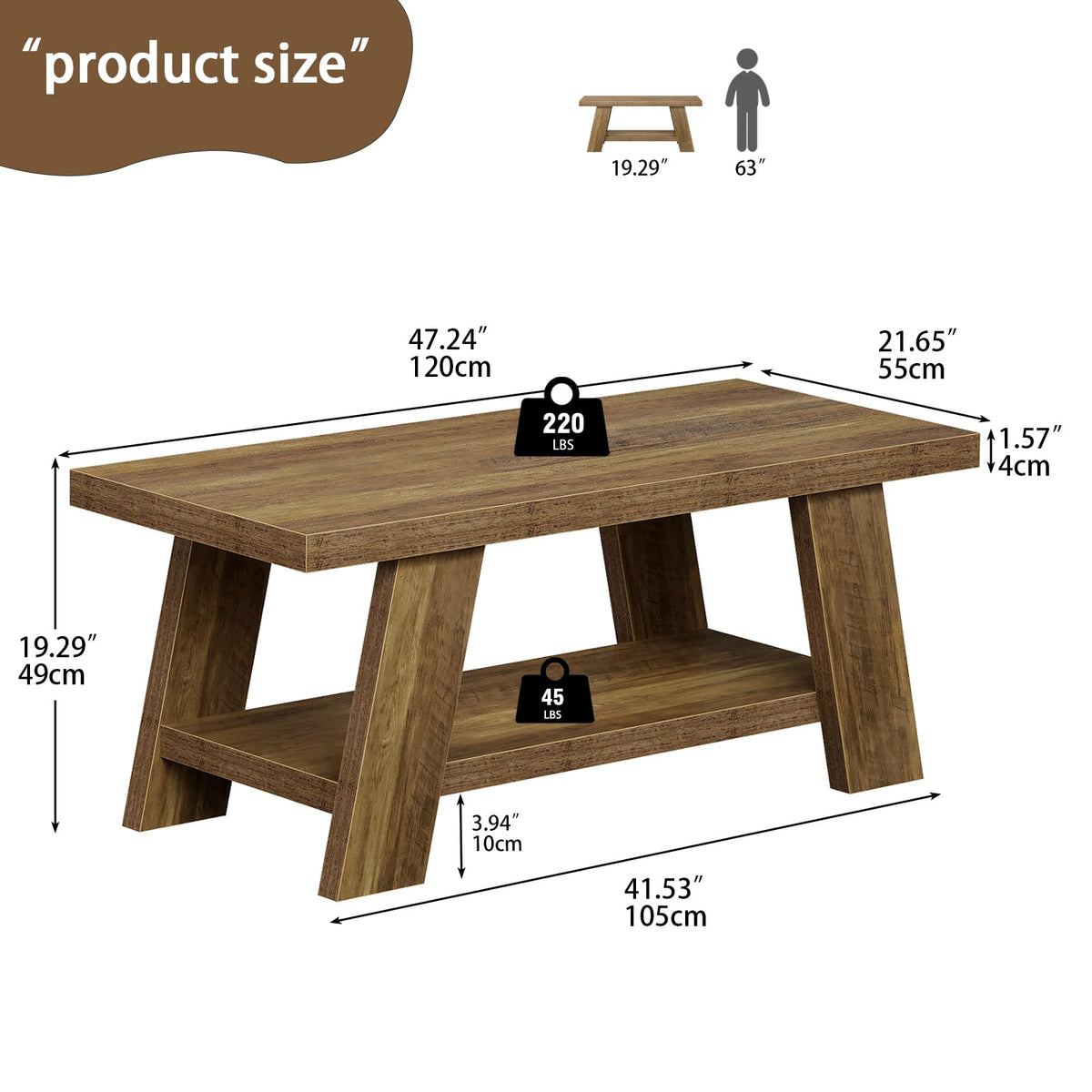 Tohomeor 47.24" Coffee Table for Living Room, Farmhouse Solid Wood Coffee Table with Storage, Rectangle Rustic Accent Center Table with for Home Apartment Office, Retro Brown